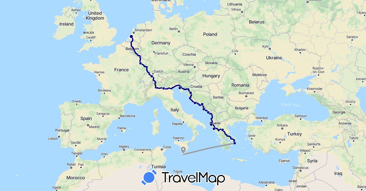 TravelMap itinerary: driving, plane in Albania, Bosnia and Herzegovina, Switzerland, France, Greece, Croatia, Italy, Montenegro, Malta, Netherlands, Slovenia (Europe)